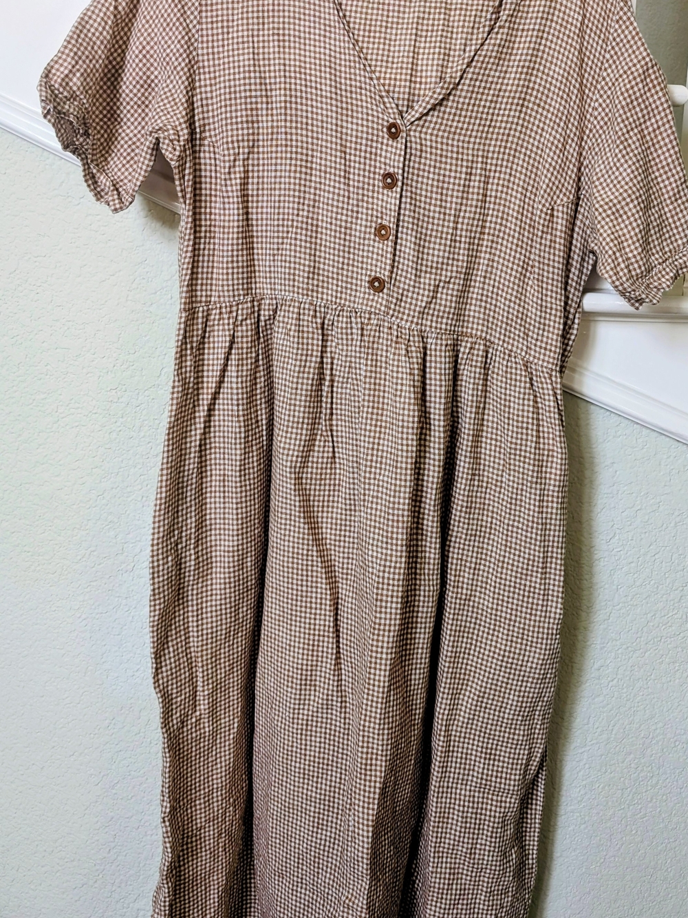 Brown Gingham Midi Dress with Button-Front V-Neck
